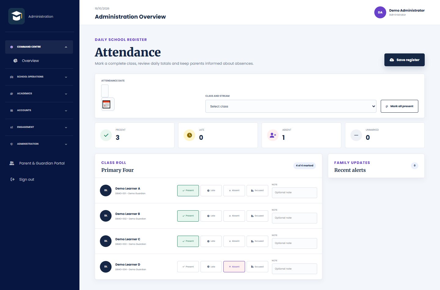 Genuine Attendance interface displaying fictional demonstration records only