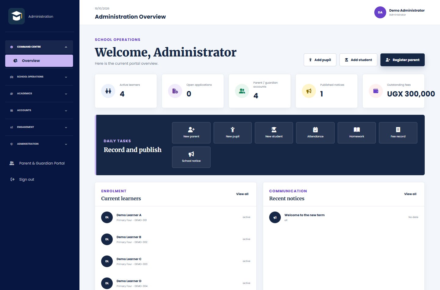 Genuine School dashboard interface displaying fictional demonstration records only