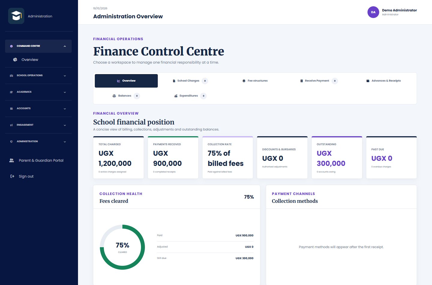 Genuine Finance & fees interface displaying fictional demonstration records only